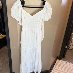 White Puff-Sleeve Tiered Midi Dress - Brand Unspecified